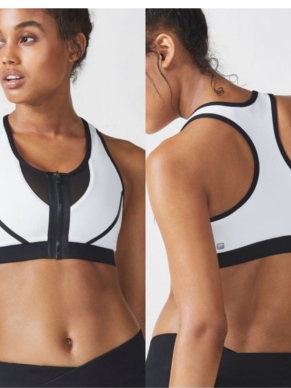 Fabletics White Sports Bra with Black Trim Front-Zip